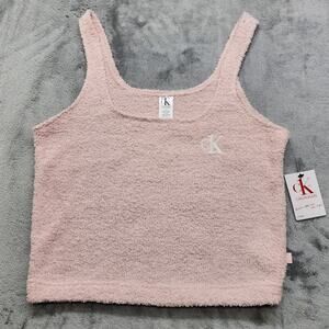 NEW Calvin Klein Top Womens L Pink CK One Plush Lounge Tank Baby Terry Crop Logo